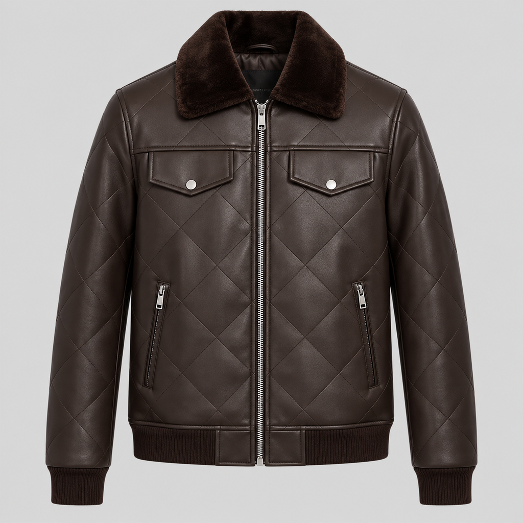 Men’s Brown Diamond Quilted Leather Bomber Jacket