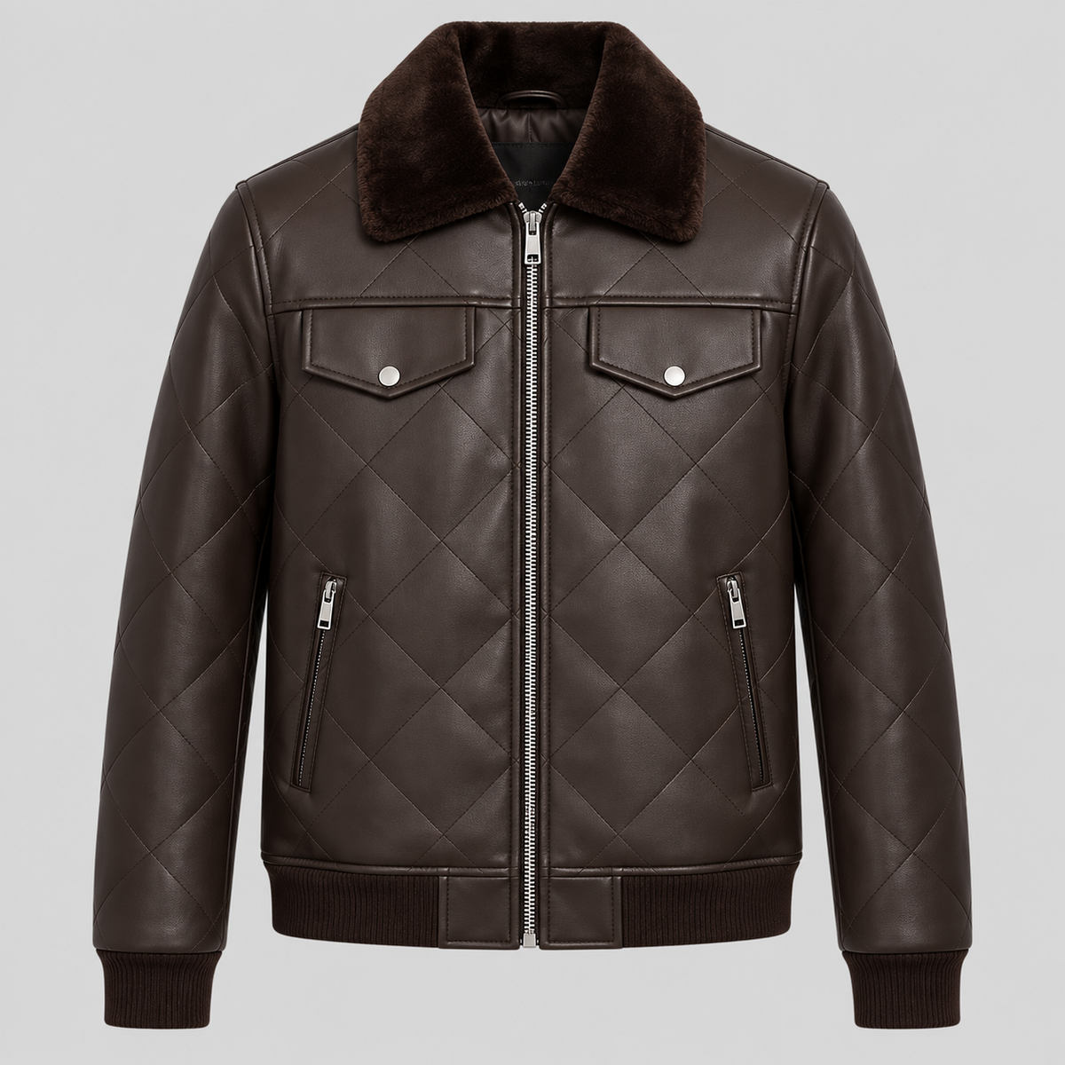 Men’s Brown Diamond Quilted Leather Bomber Jacket