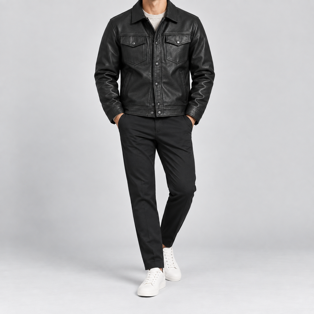 Men's Black Leather Snap-Front Overshirt Relaxed Fit Leather Jacket