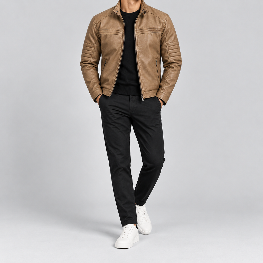 Men's Tan Leather  Jacket Slim Fit Snap-Collar Moto Coat
