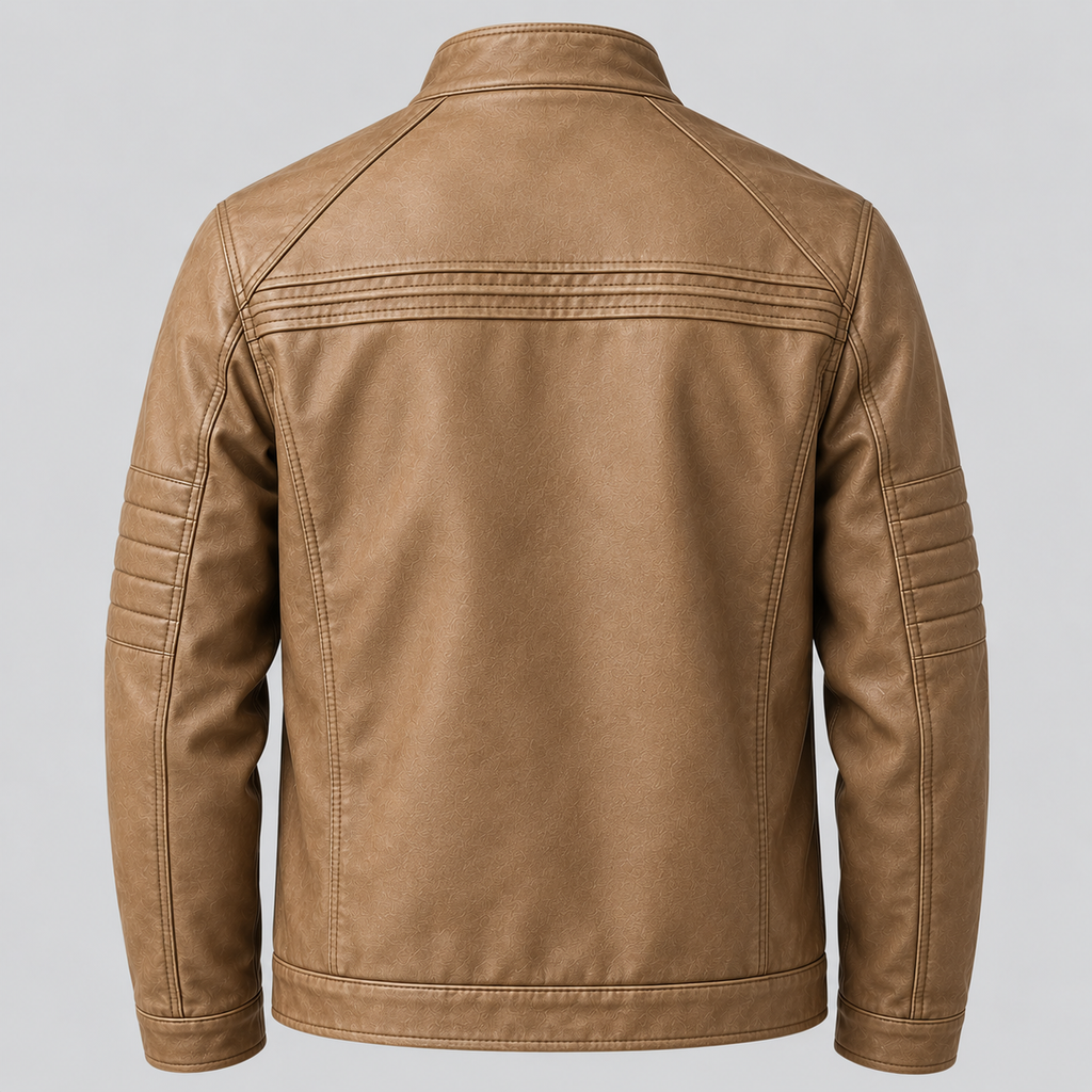 Men's Tan Leather  Jacket Slim Fit Snap-Collar Moto Coat