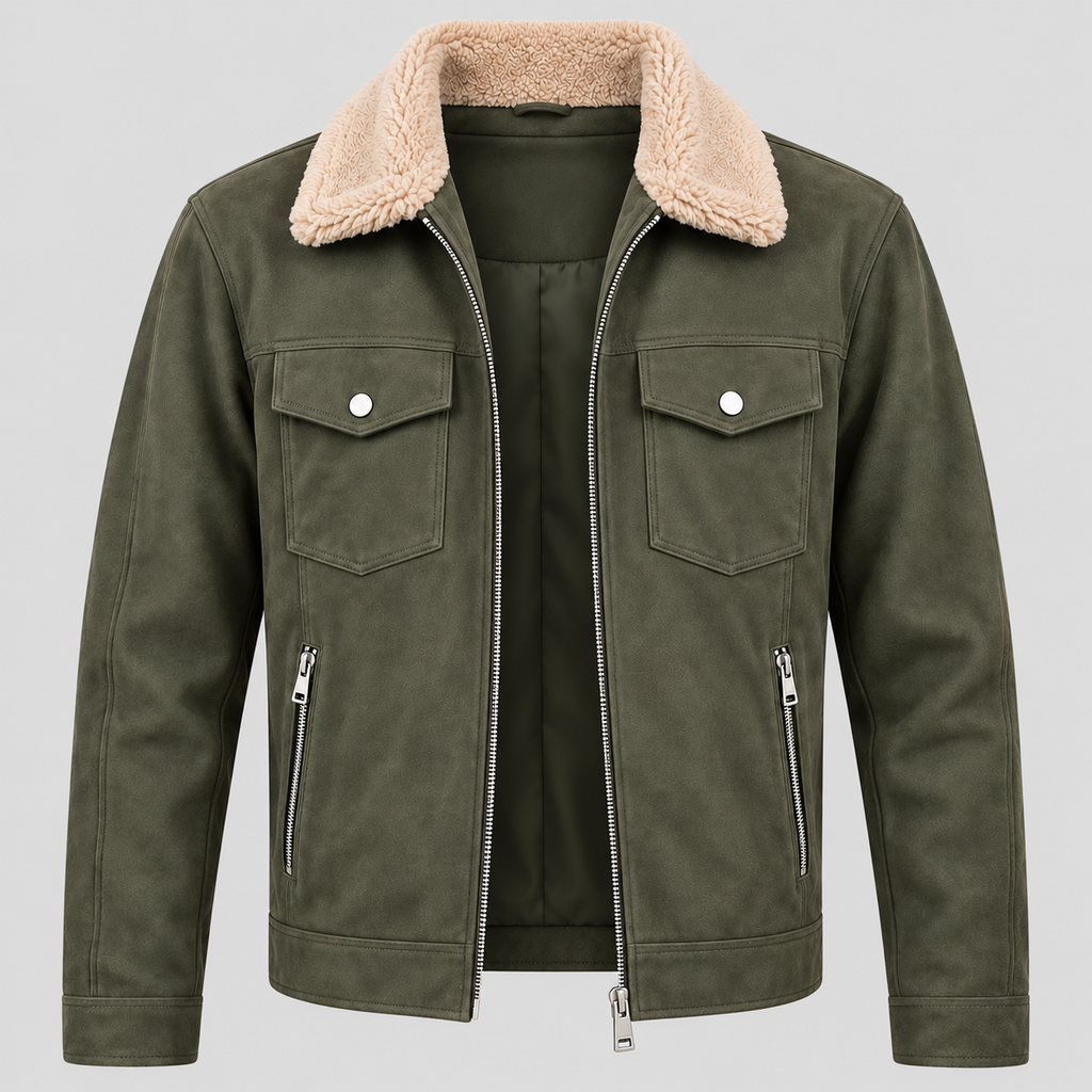 Men’s Olive Green Suede-Style Sherpa Collar Jacket Zip-Up Trucker Jacket