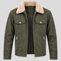 Men’s Olive Green Suede-Style Sherpa Collar Jacket Zip-Up Trucker Jacket