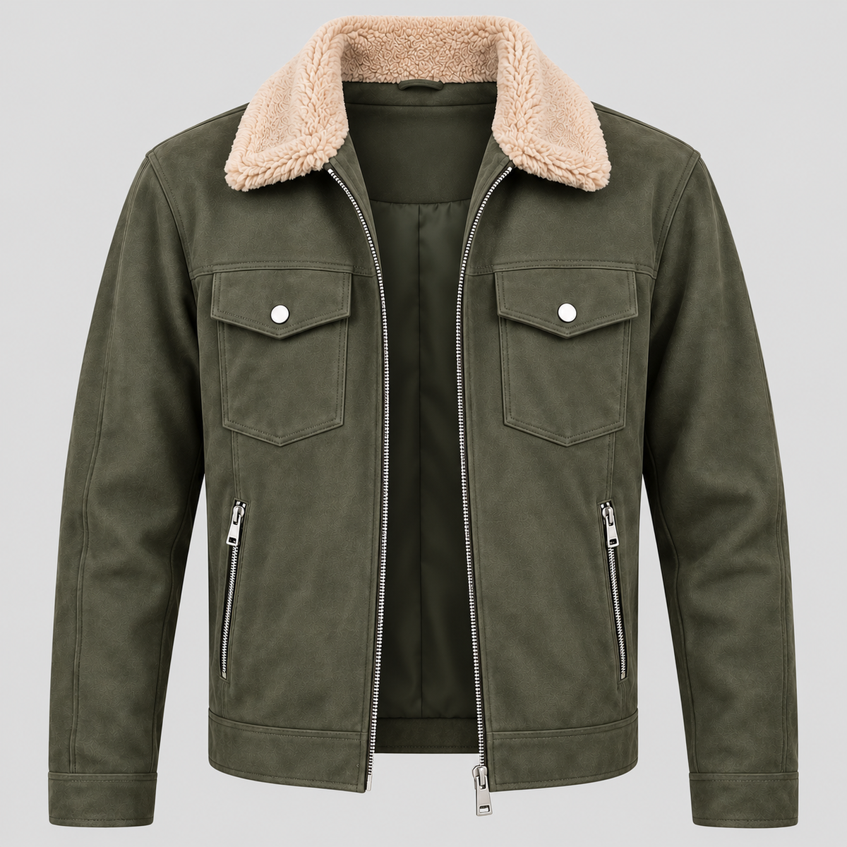 Men’s Olive Green Suede-Style Sherpa Collar Jacket Zip-Up Trucker Jacket