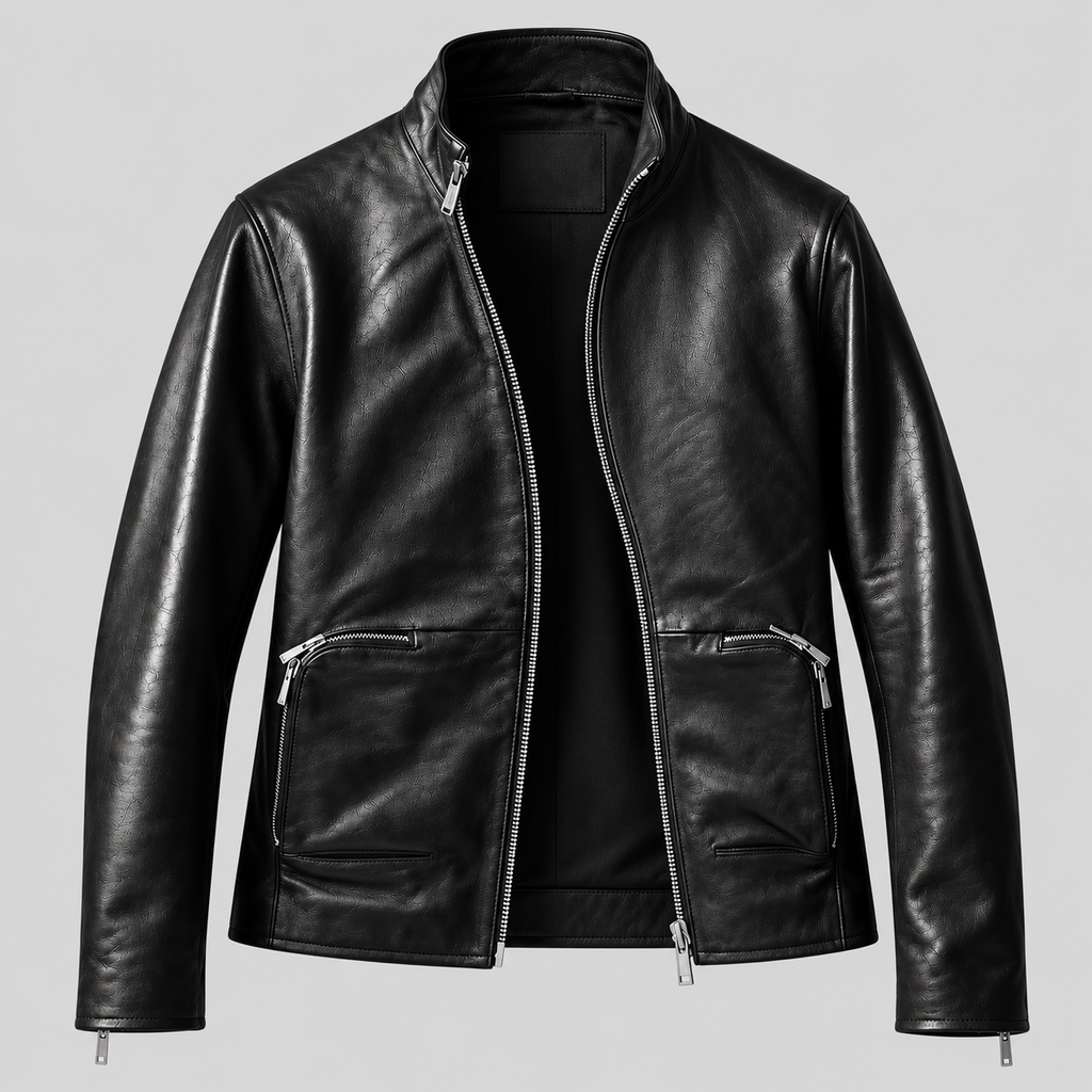 Men’s Black Leather Stand-Collar Jacket – Sleek Zip-Front Style