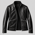 Men’s Black Leather Stand-Collar Jacket – Sleek Zip-Front Style