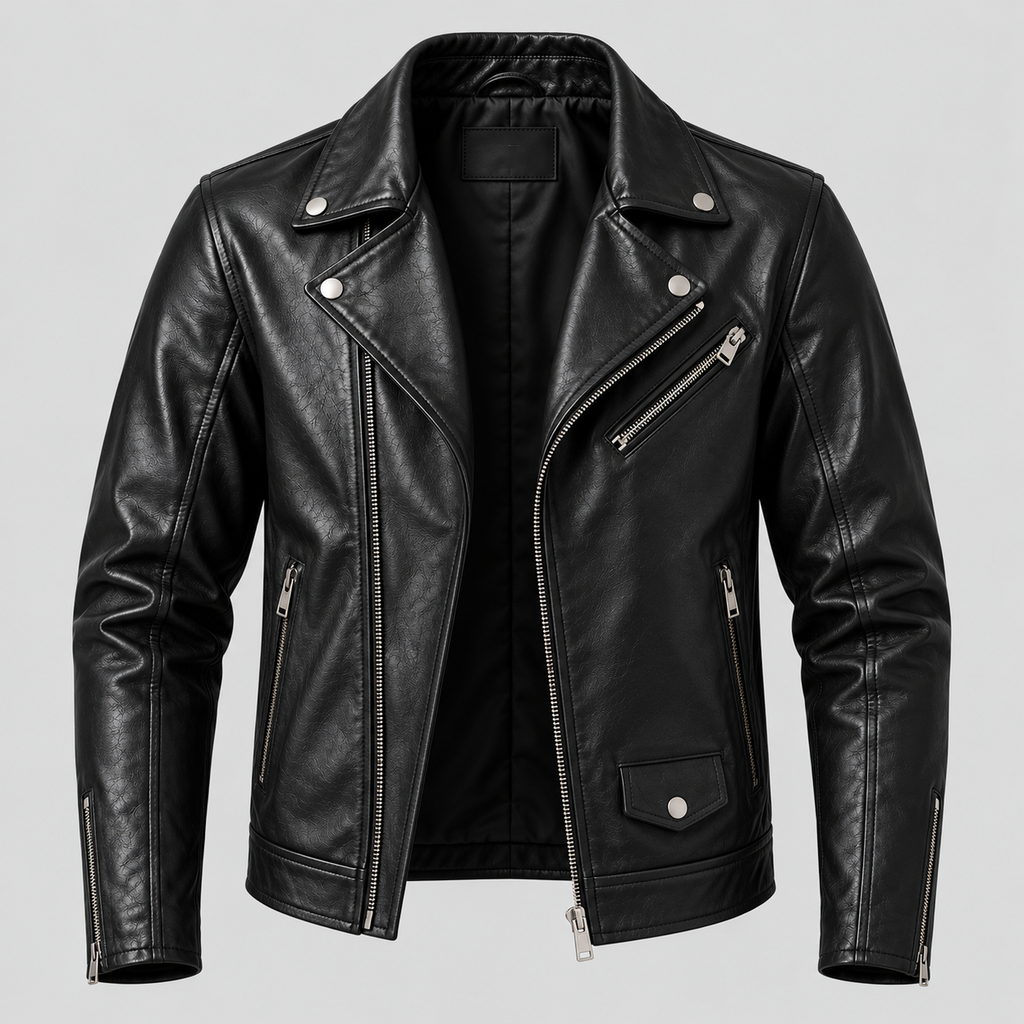 Men’s Black Leather Biker Jacket Slim Fit Zip-Up Moto Jacket