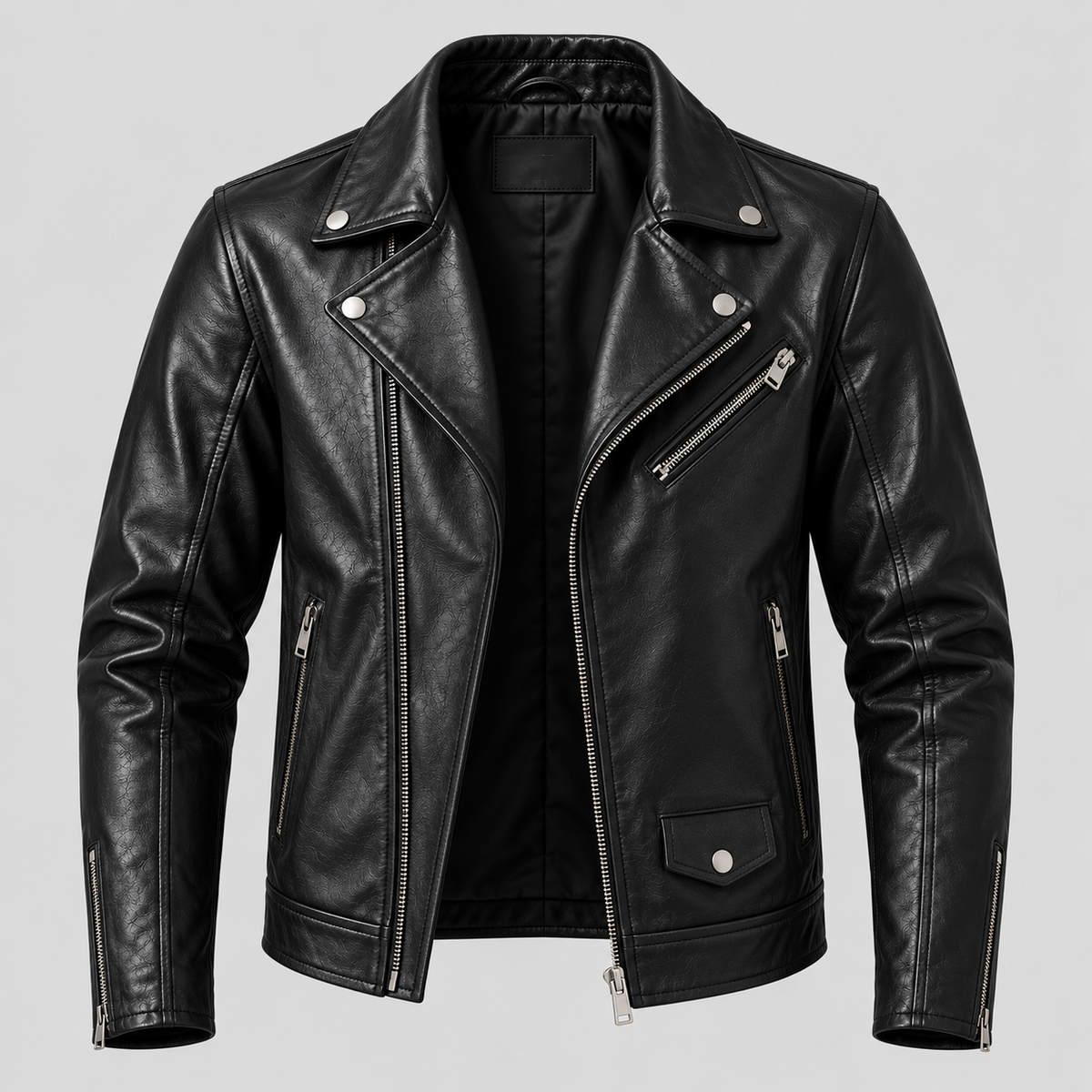 Men’s Black Leather Biker Jacket Slim Fit Zip-Up Moto Jacket