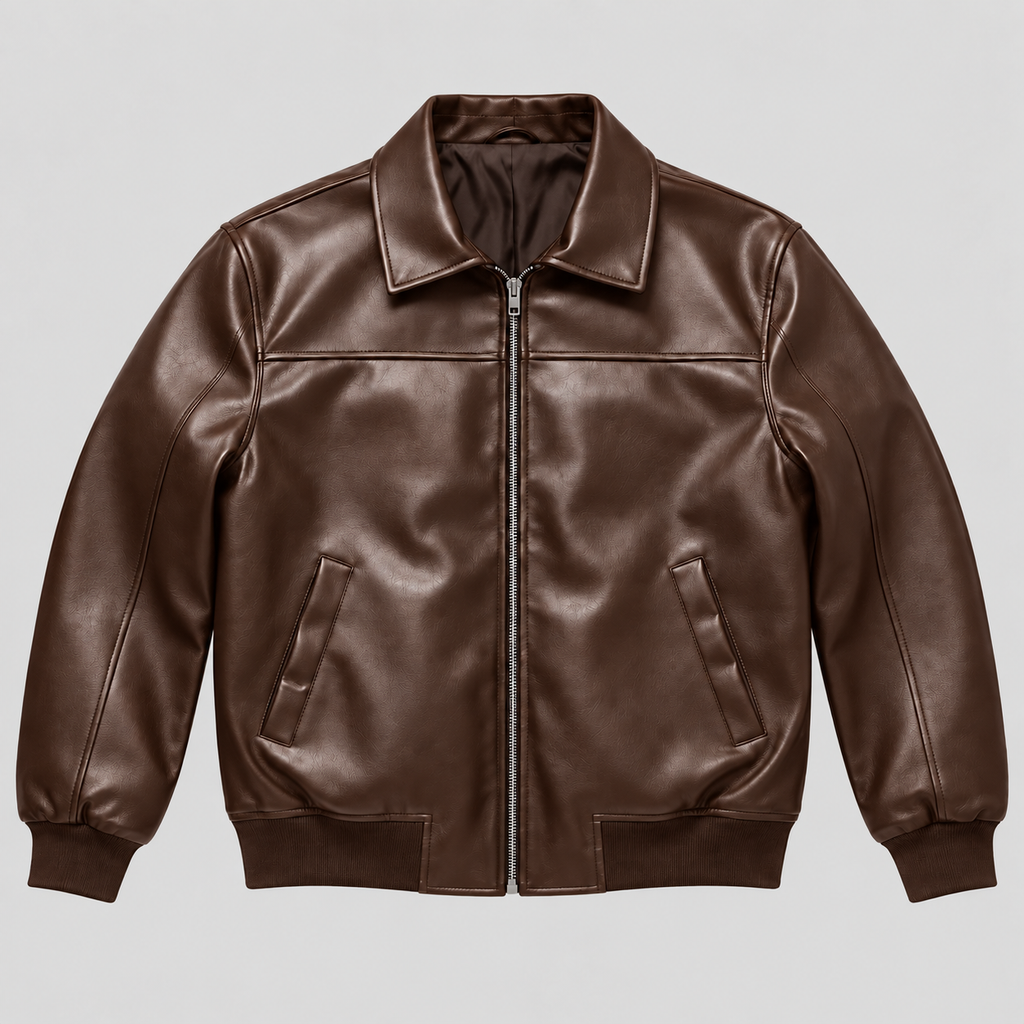 Men’s Brown Leather Blouson Jacket  Classic Zip-Front Bomber