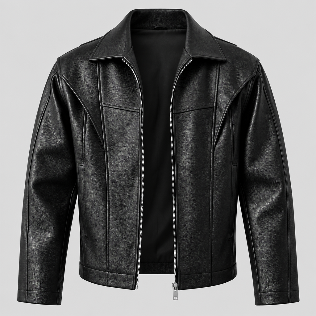 Men’s Black Leather Panelled Jacket Classic Zip-Up Smart Casual Coat