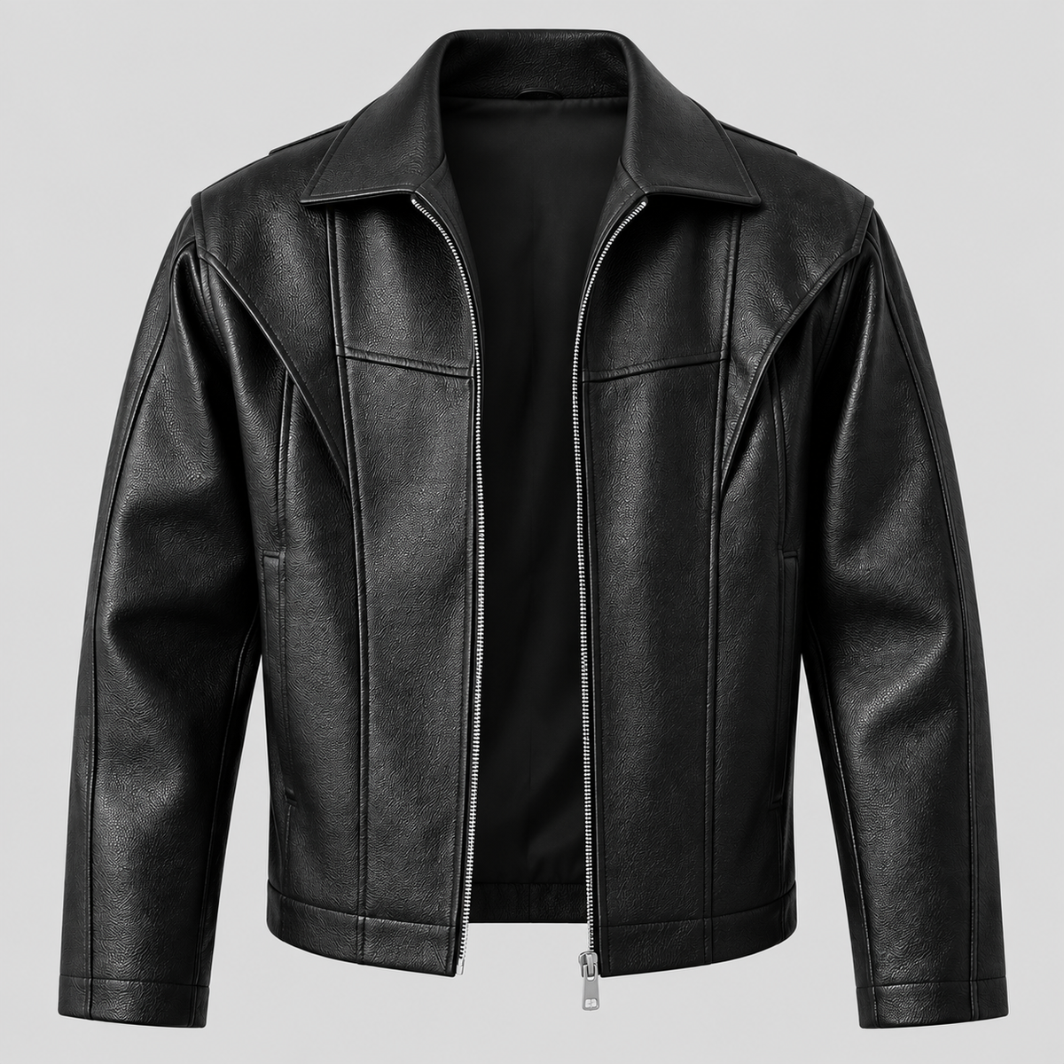 Men’s Black Leather Panelled Jacket Classic Zip-Up Smart Casual Coat