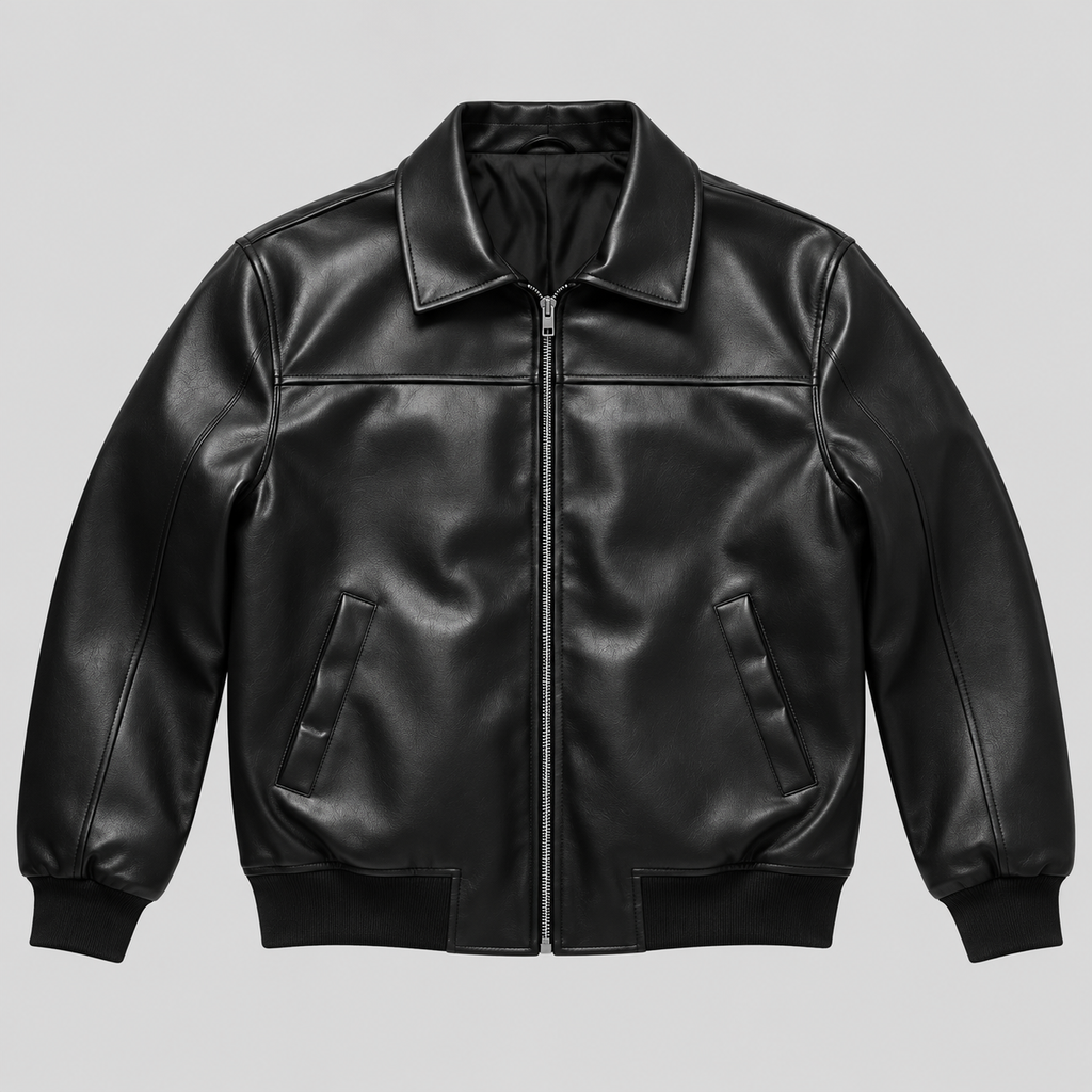 Men’s Black Leather Blouson Jacket Classic Zip-Front Bomber