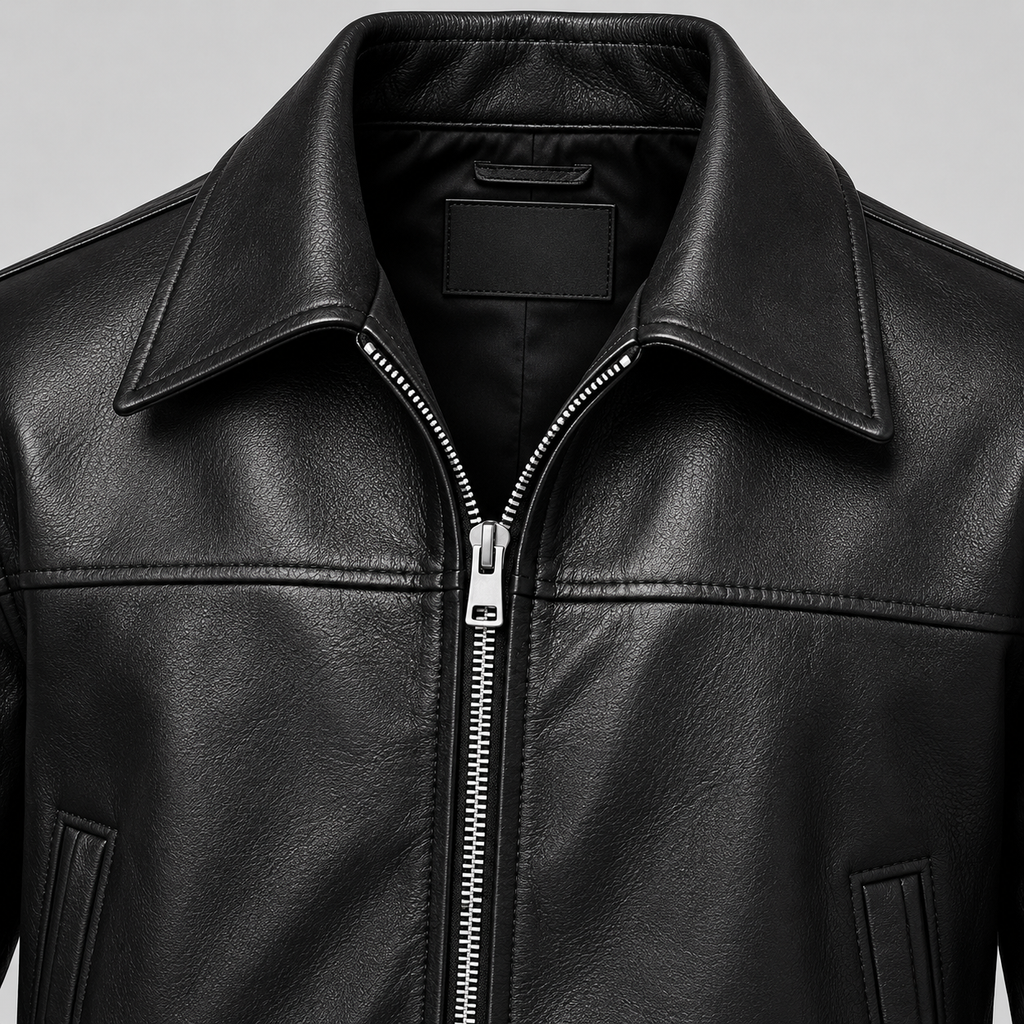 Men's Black Leather Yoke Jacket Sleek Zip-Up Real Leather Coat