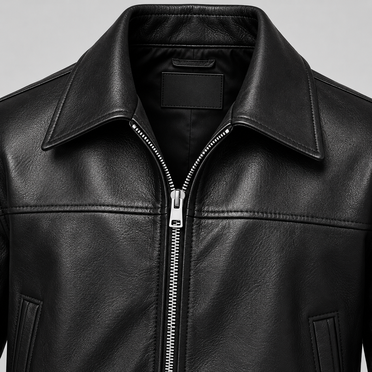 Men's Black Leather Yoke Jacket Sleek Zip-Up Real Leather Coat