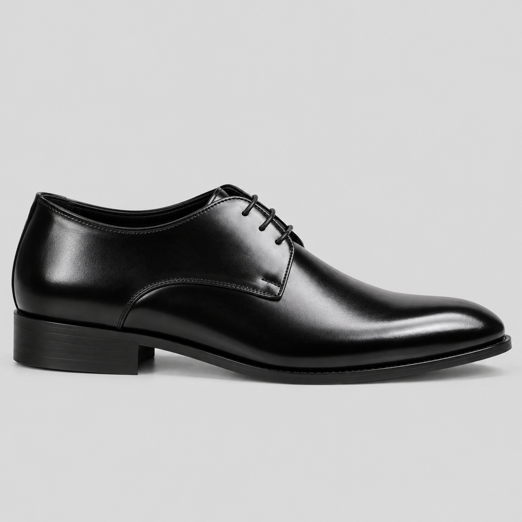 Men’s Classic Black Leather Plain-Toe Derby Dress Shoes
