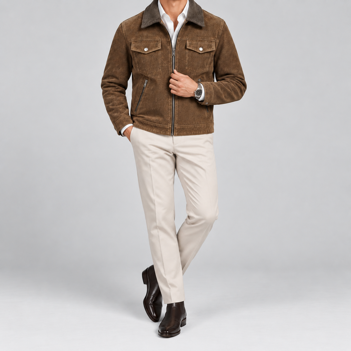 Men's Brown Suede Zip-Front Overshirt Relaxed Fit Leather Jacket
