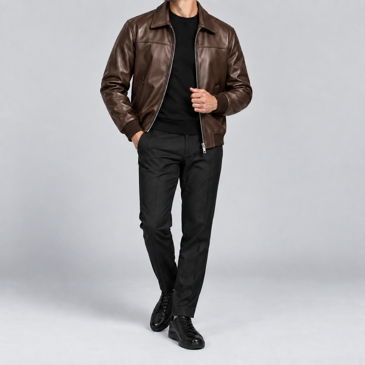 Men’s Brown Leather Blouson Jacket  Classic Zip-Front Bomber