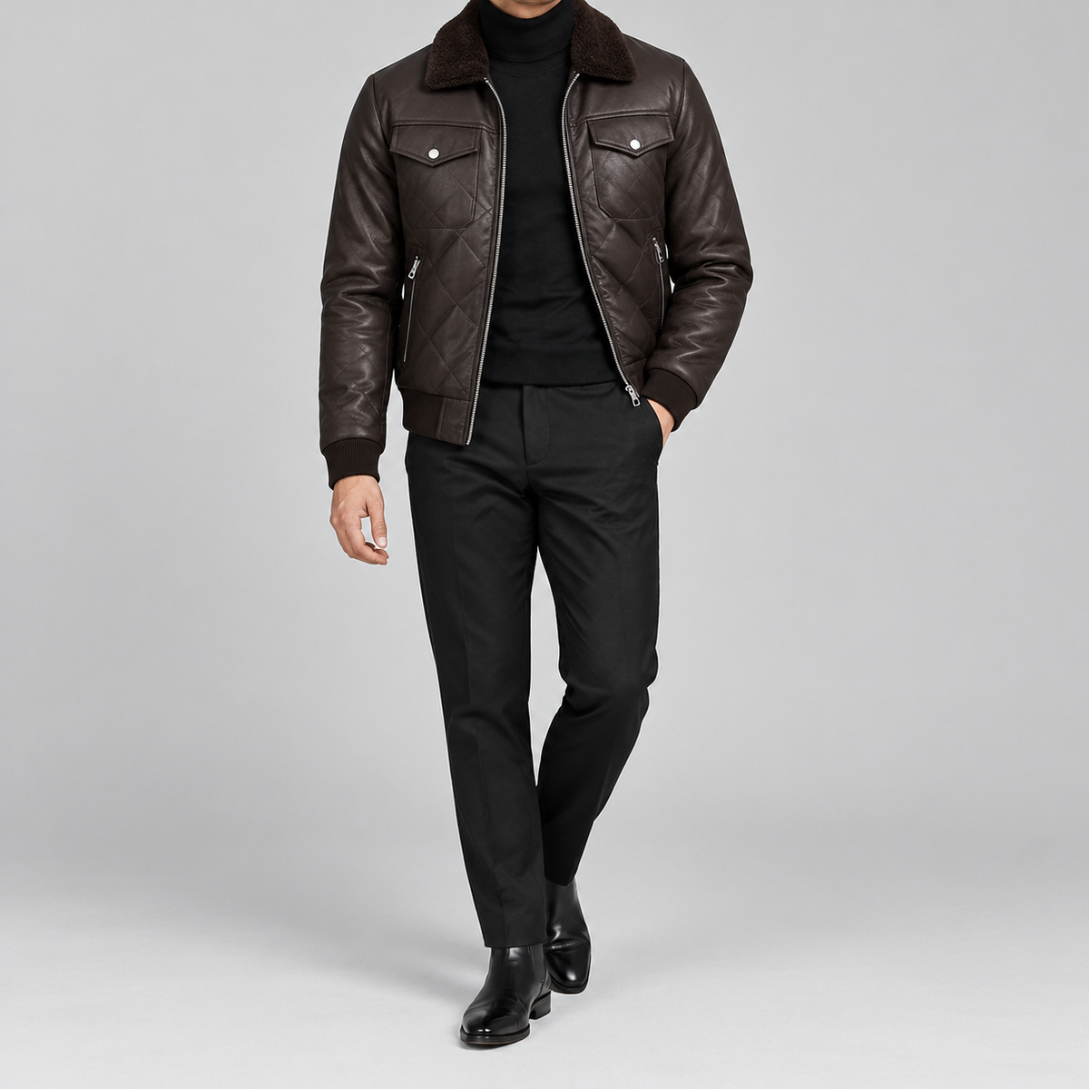 Men’s Brown Diamond Quilted Leather Bomber Jacket