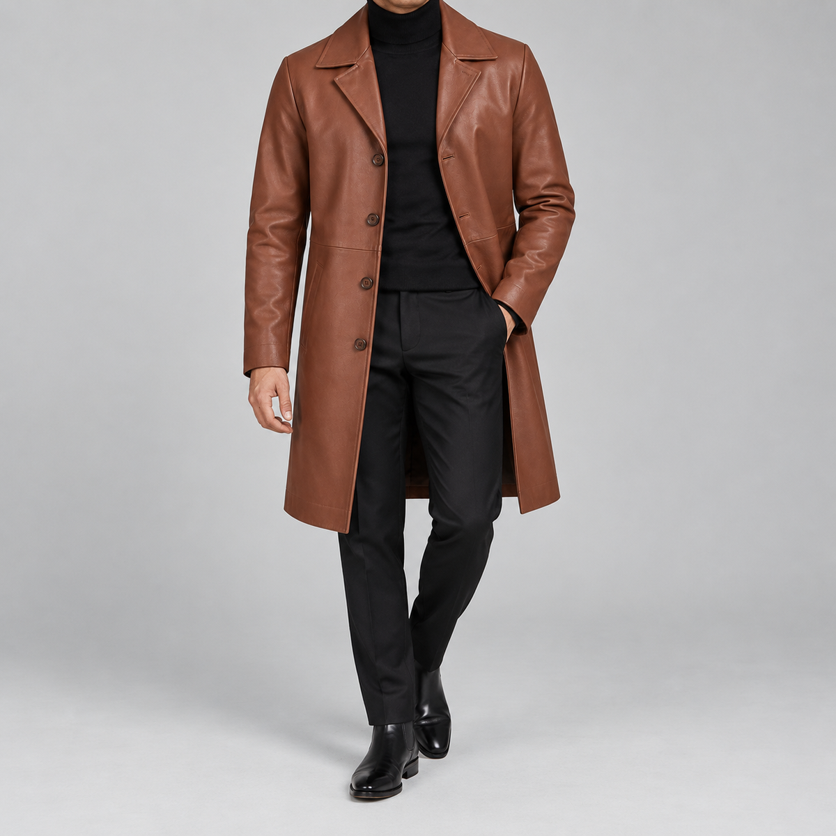 Men’s Brown Leather Longline Car Coat Tailored Button-Front