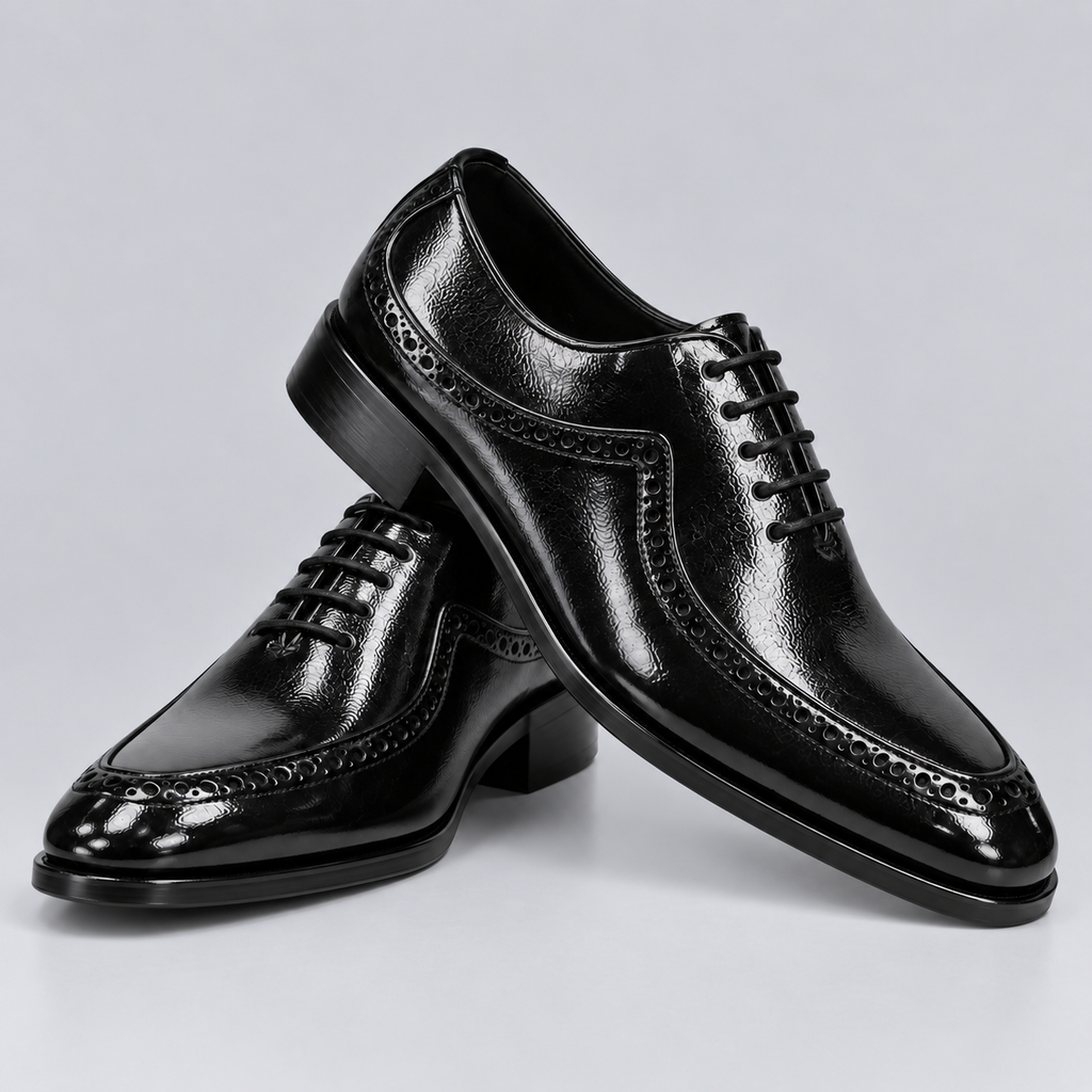 Men’s Black Glossy Leather Brogue Wingtip Oxford Shoes