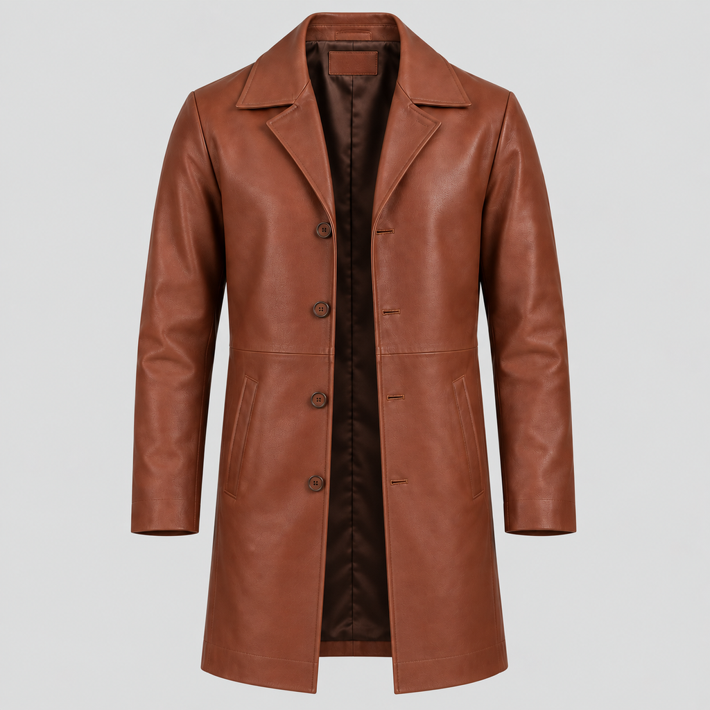 Men’s Brown Leather Longline Car Coat Tailored Button-Front