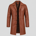 Men’s Brown Leather Longline Car Coat Tailored Button-Front