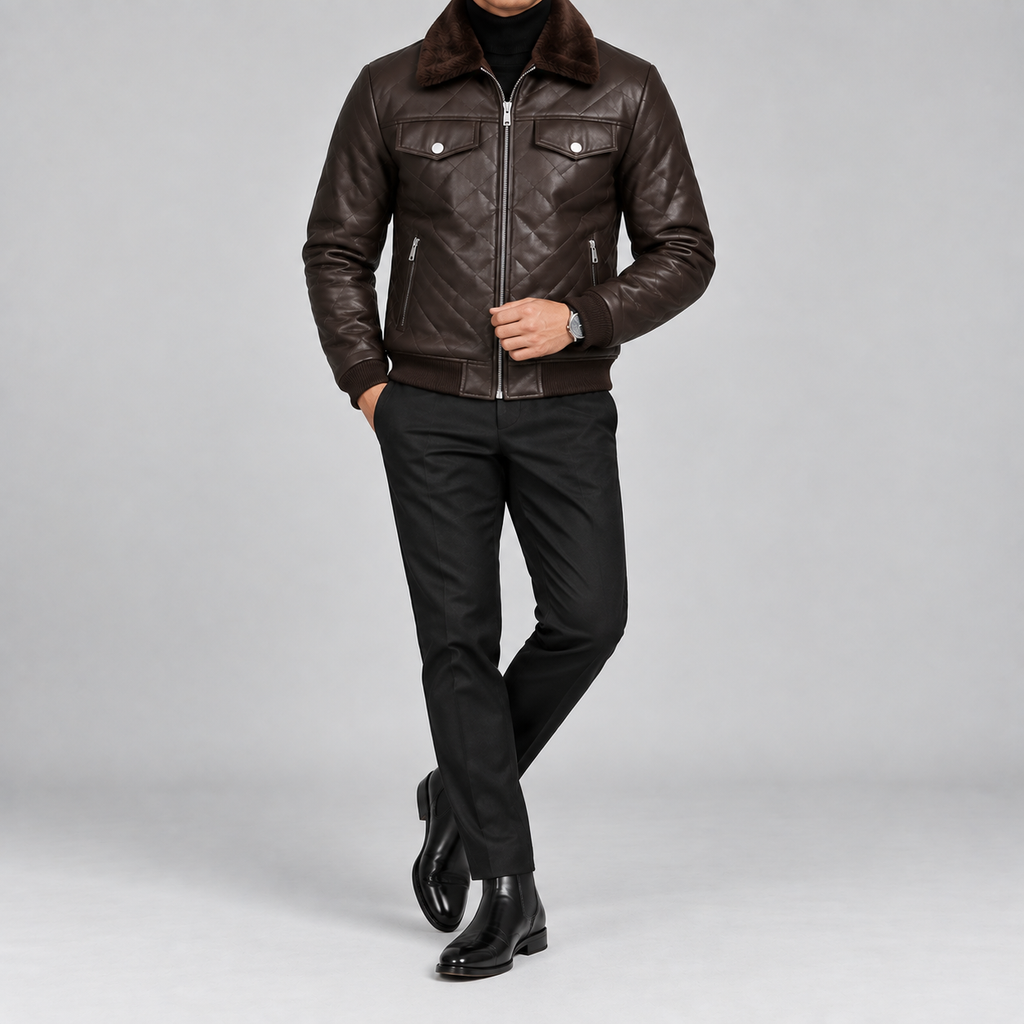 Men’s Brown Diamond Quilted Leather Bomber Jacket