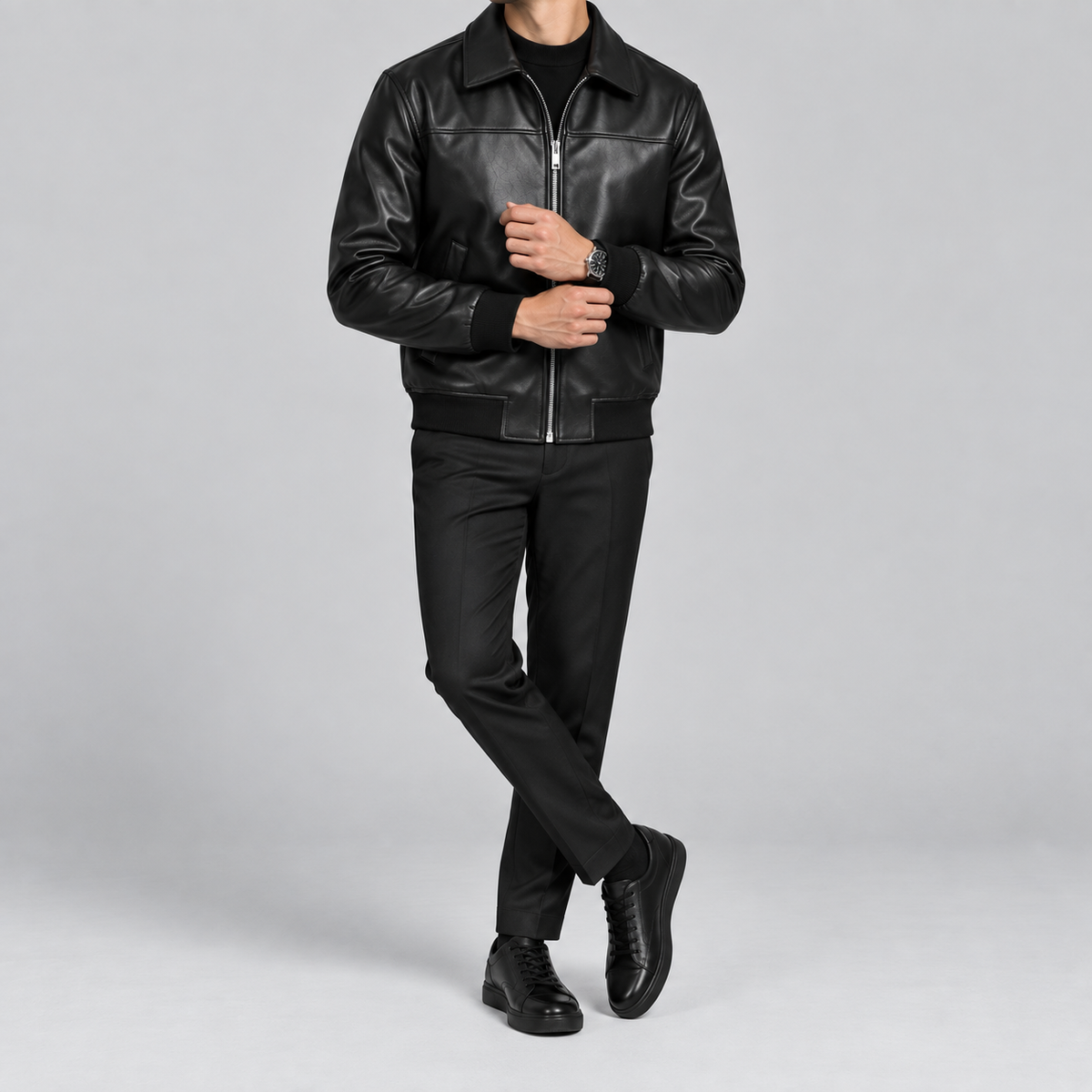 Men’s Black Leather Blouson Jacket Classic Zip-Front Bomber