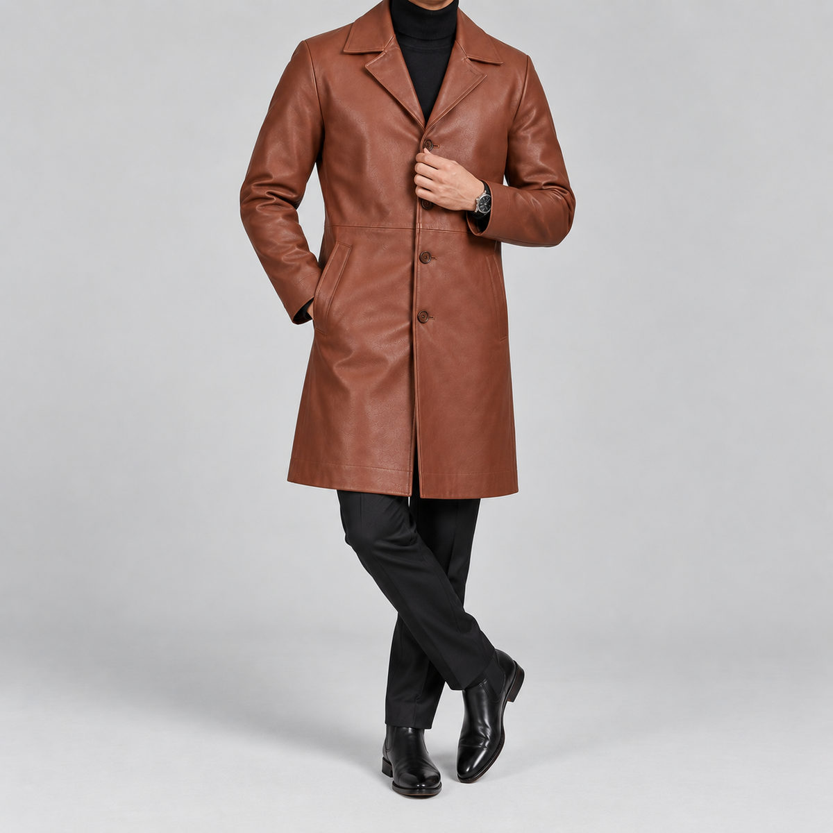 Men’s Brown Leather Longline Car Coat Tailored Button-Front