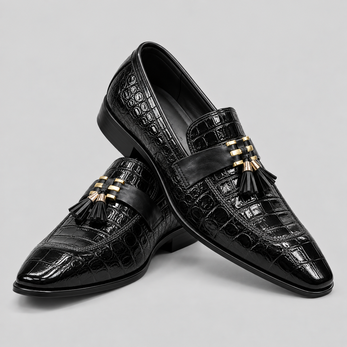 Classic Men's Italian Leather Crocodile Pattern Tassel Loafers