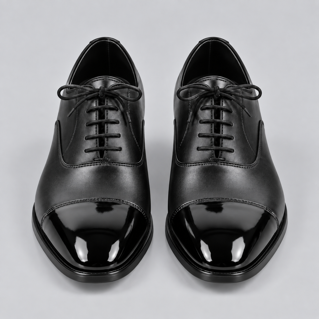 Men’s Black Genuine Leather Cap-Toe Dress Shoes