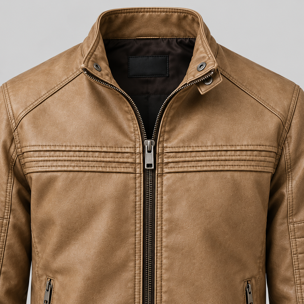 Men's Tan Leather  Jacket Slim Fit Snap-Collar Moto Coat