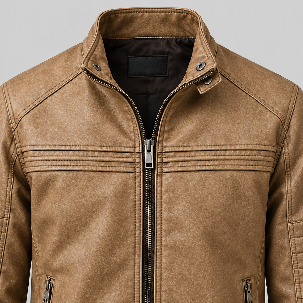 Men's Tan Leather  Jacket Slim Fit Snap-Collar Moto Coat