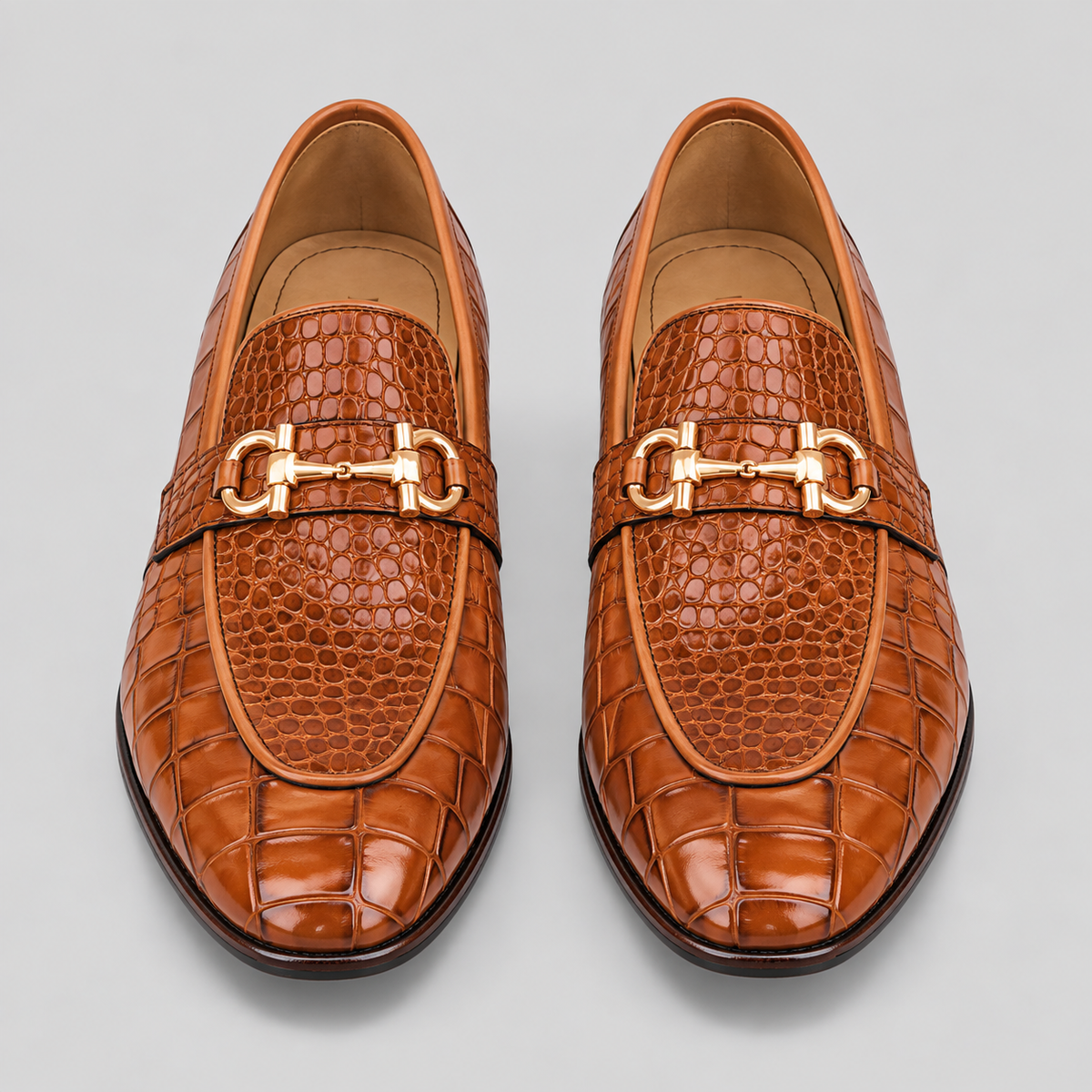 Classic Men's Cognac Brown Croc-Embossed Dress Loafers