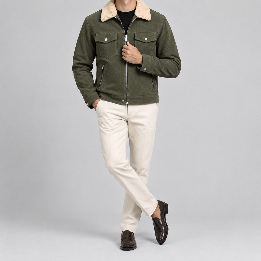 Men’s Olive Green Suede-Style Sherpa Collar Jacket Zip-Up Trucker Jacket