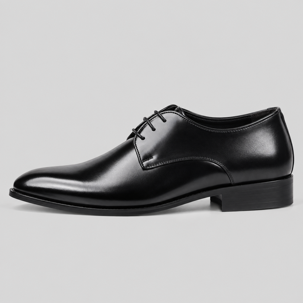 Men’s Classic Black Leather Plain-Toe Derby Dress Shoes