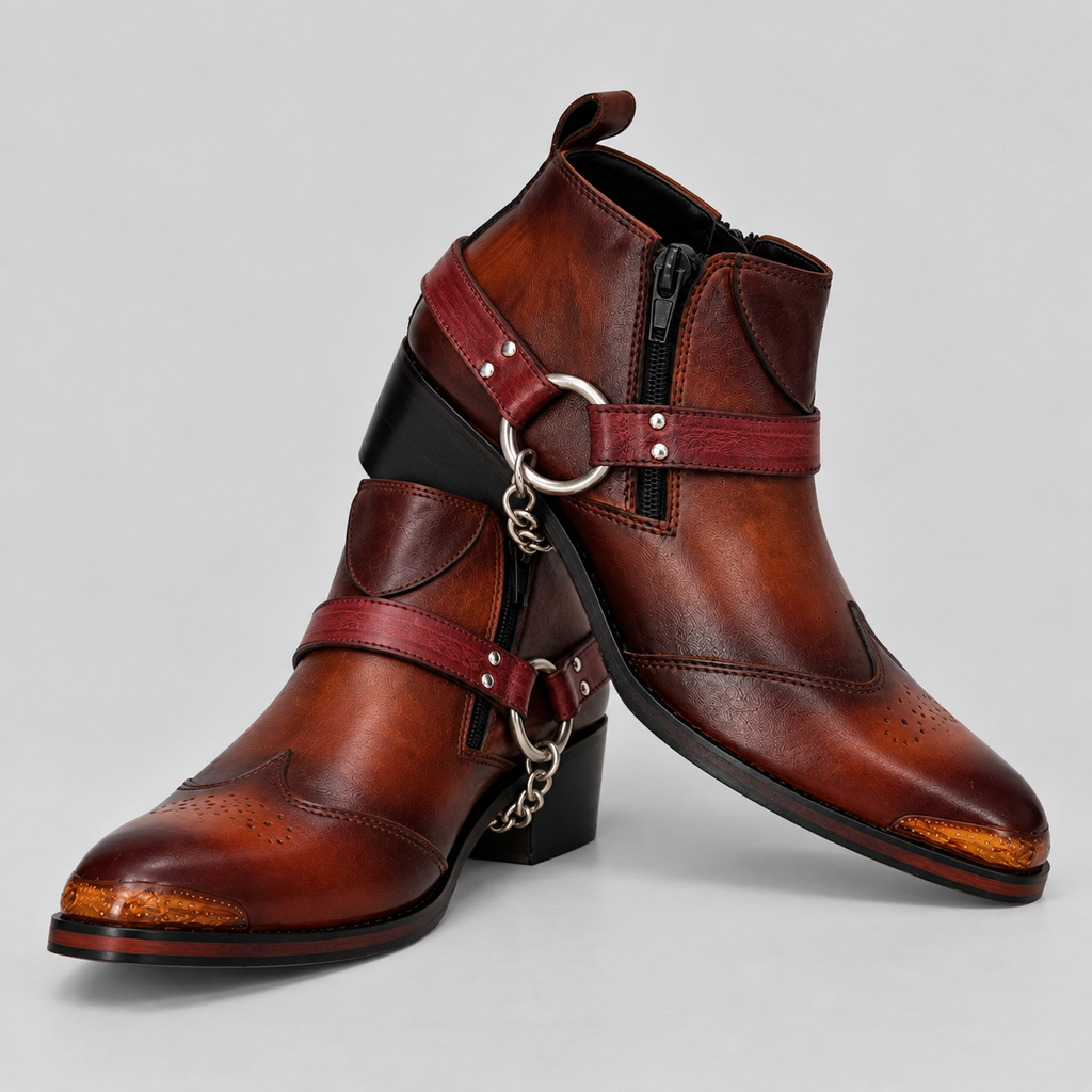 Men’s Luxury Brown Leather Harness Ankle Boots