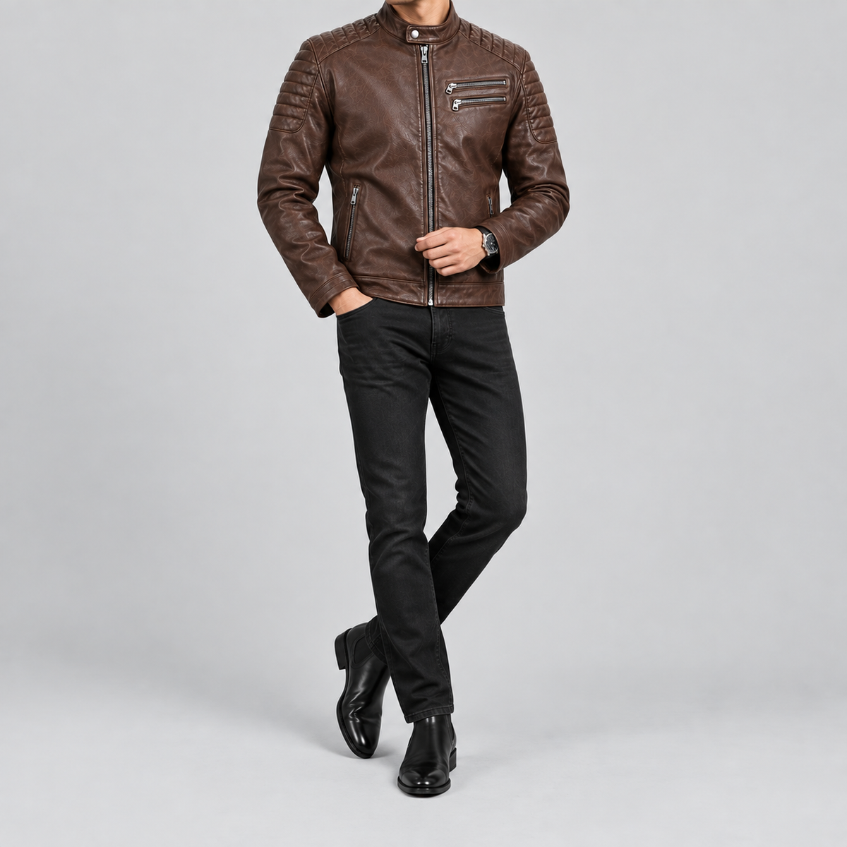 Men's Brown Leather Biker Jacket Slim Fit Quilted Moto Coat