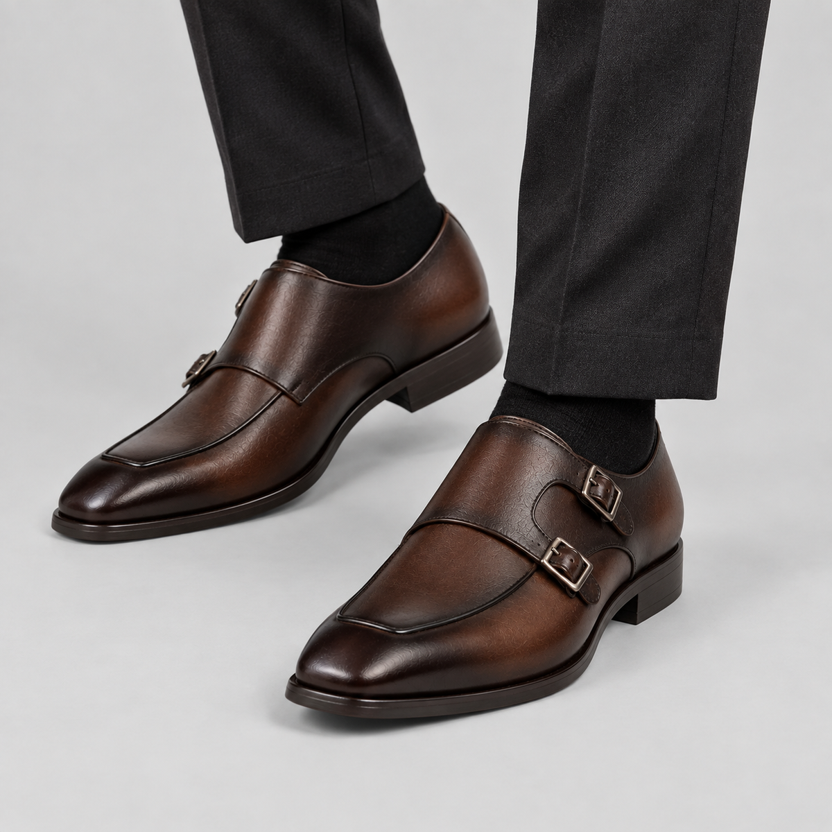 Classic Men's Dark Brown Leather Italian Toe Double Monk Strap