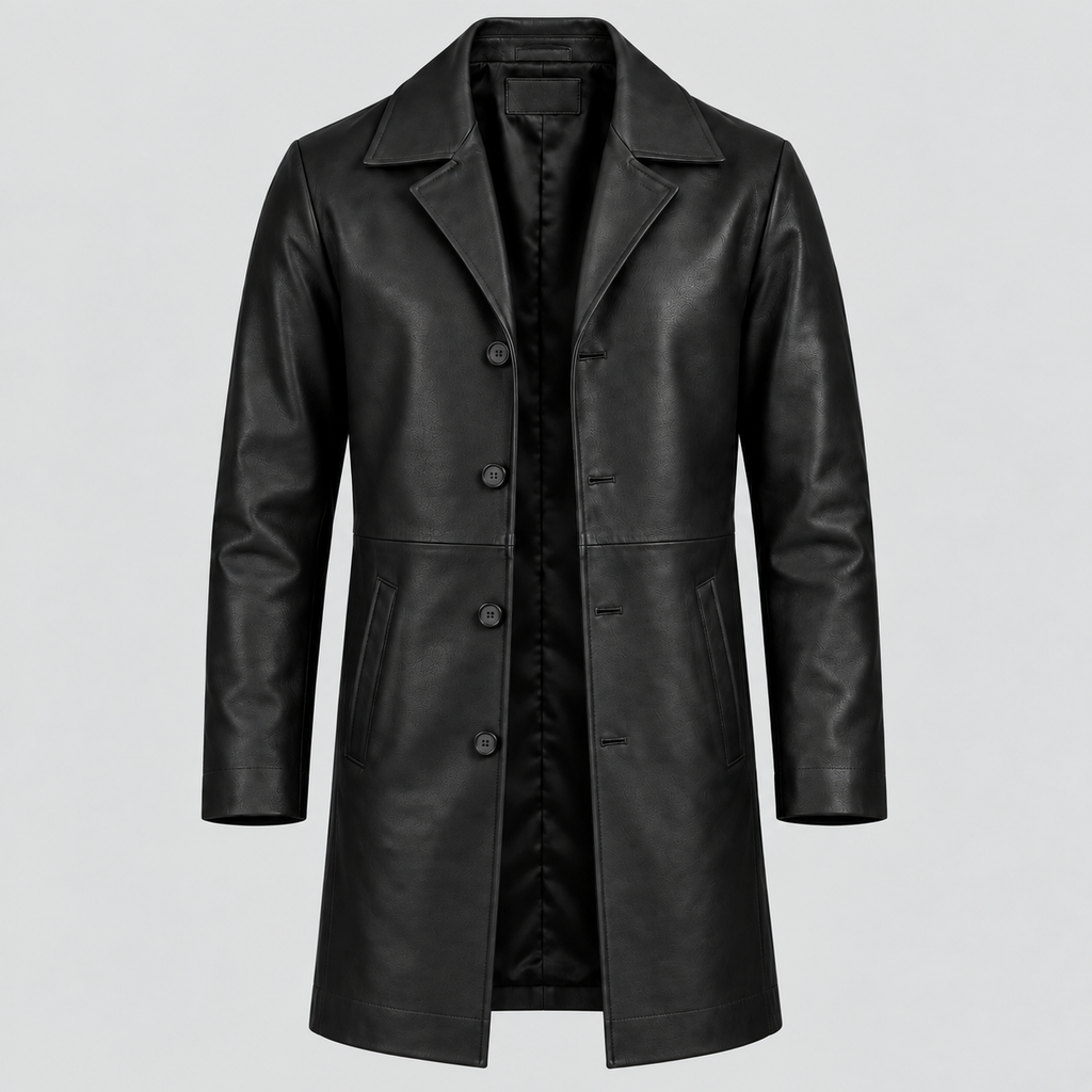 Men’s Black Leather Longline Car Coat Tailored Button-Front