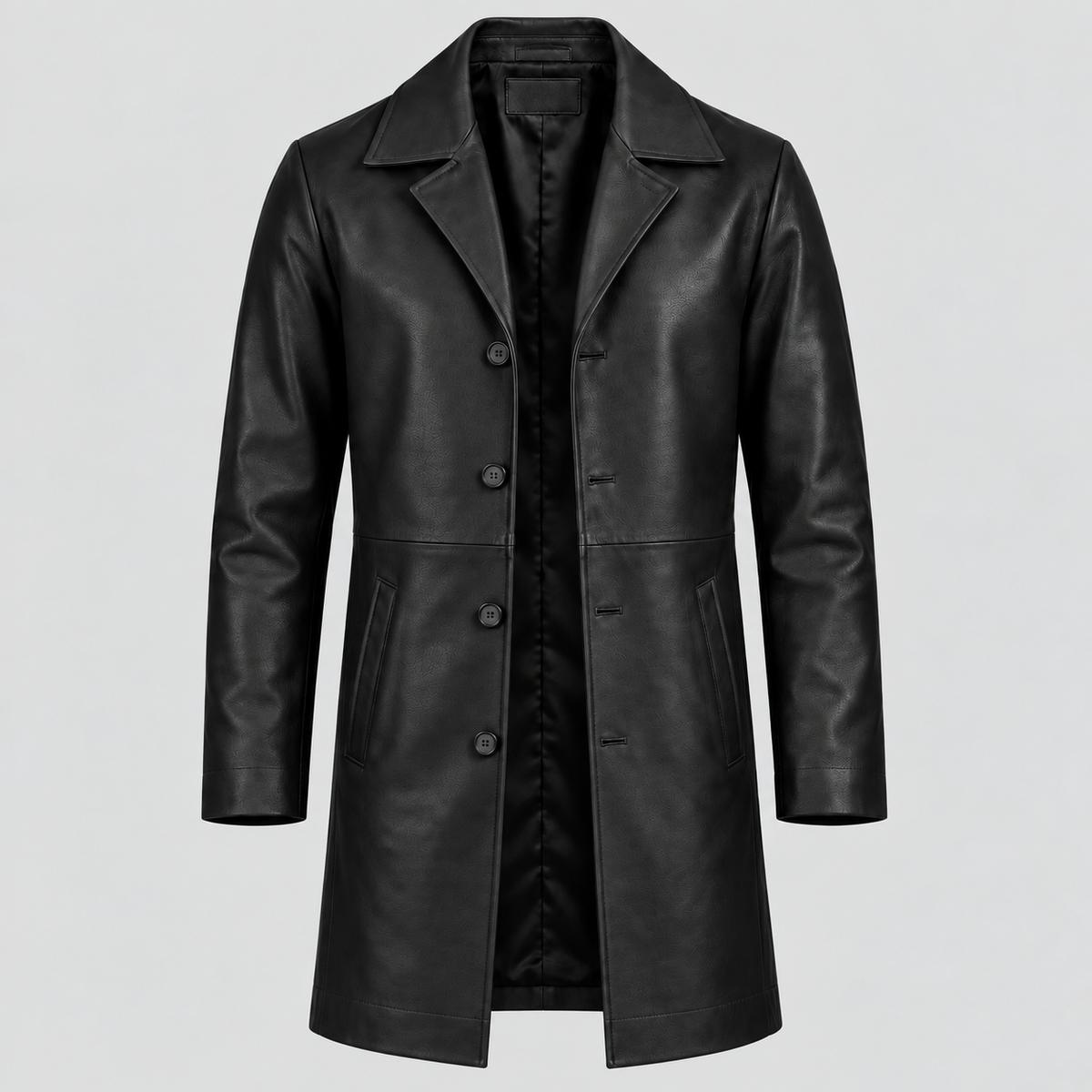 Men’s Black Leather Longline Car Coat Tailored Button-Front