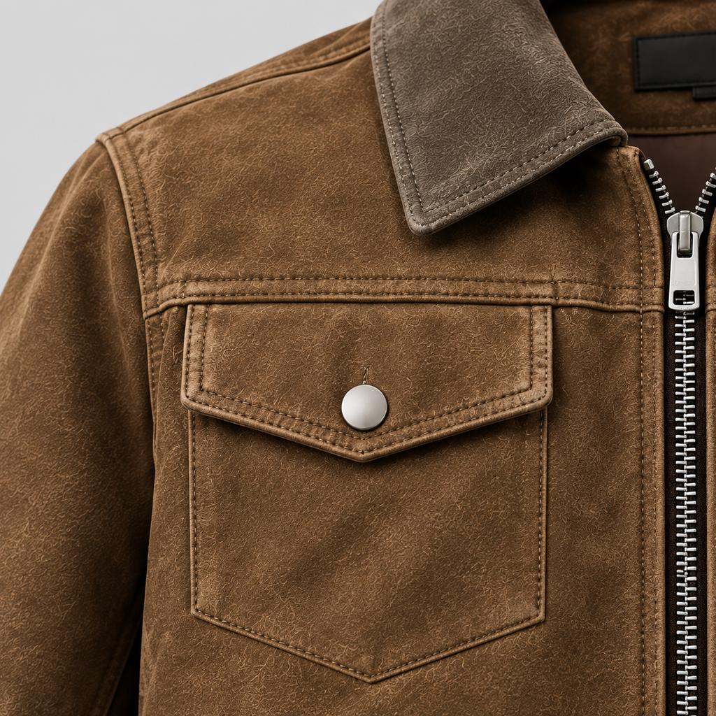 Men's Brown Suede Zip-Front Overshirt Relaxed Fit Leather Jacket