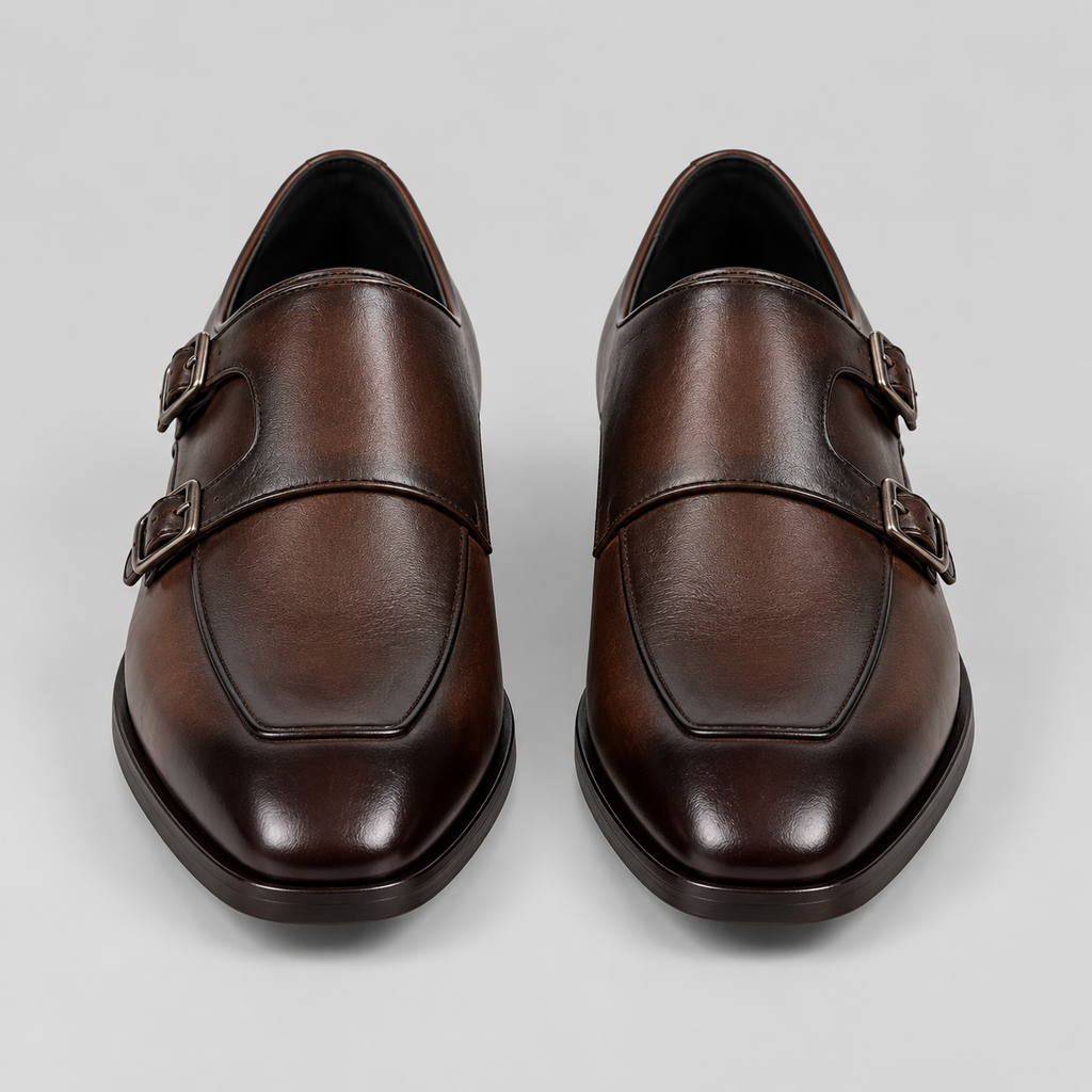 Classic Men's Dark Brown Leather Italian Toe Double Monk Strap