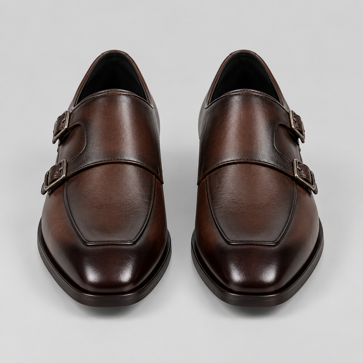 Classic Men's Dark Brown Leather Italian Toe Double Monk Strap