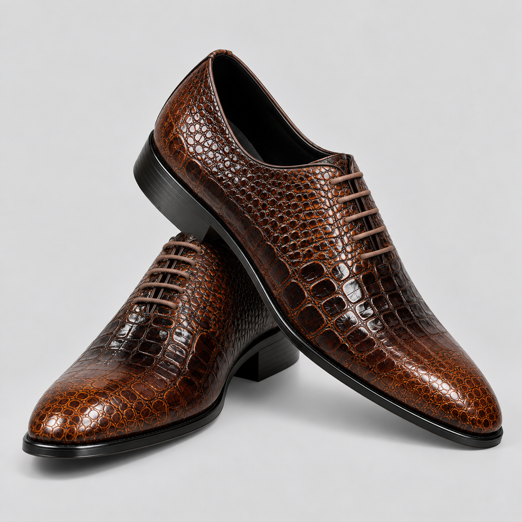 Classic Men's Brown Croc-Embossed Leather Oxford Shoes