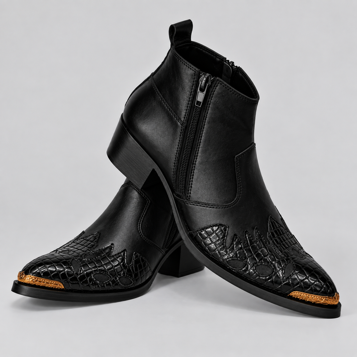Men’s Black Leather Ankle Boots with Crocodile Texture