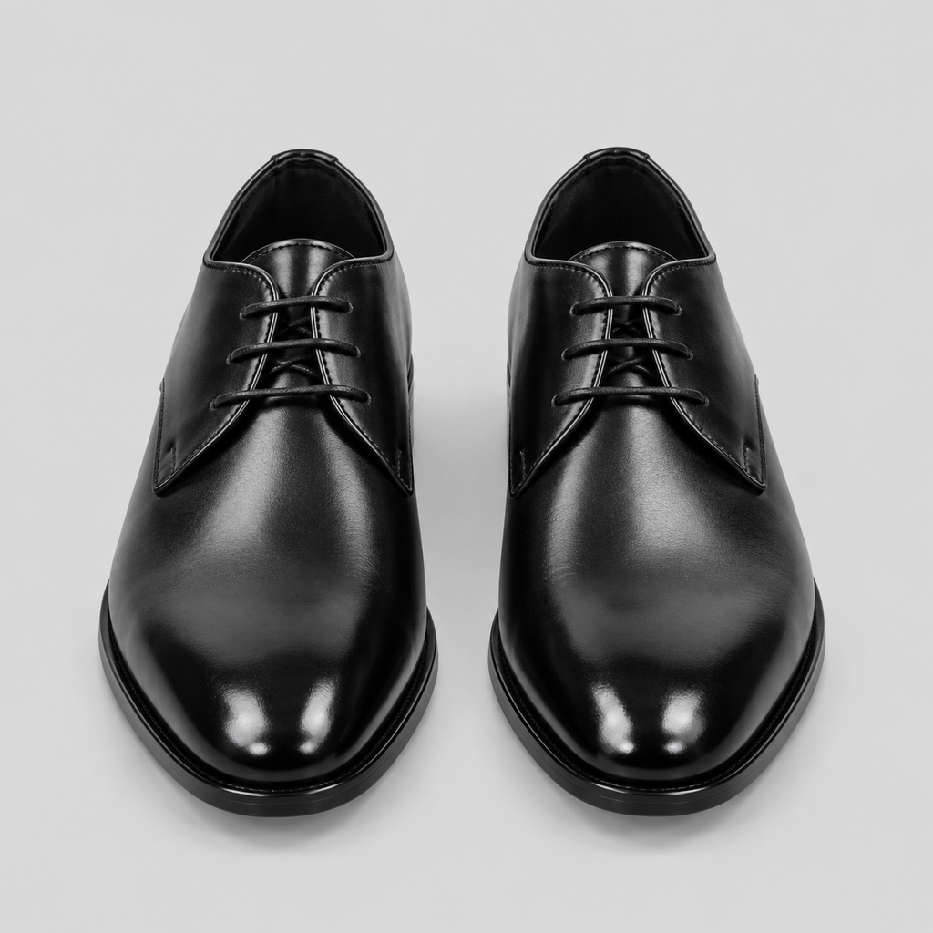 Men’s Classic Black Leather Plain-Toe Derby Dress Shoes