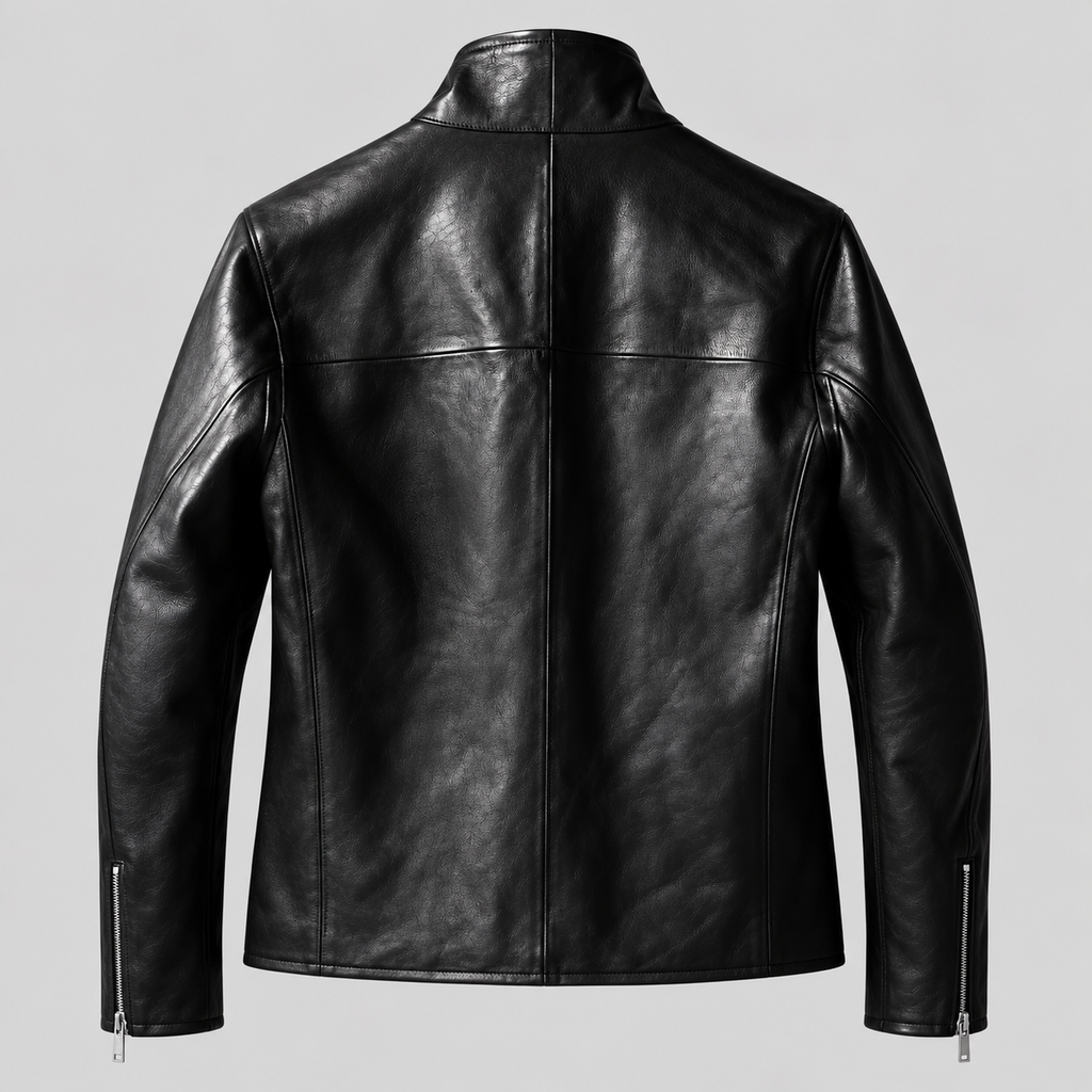 Men’s Black Leather Stand-Collar Jacket – Sleek Zip-Front Style