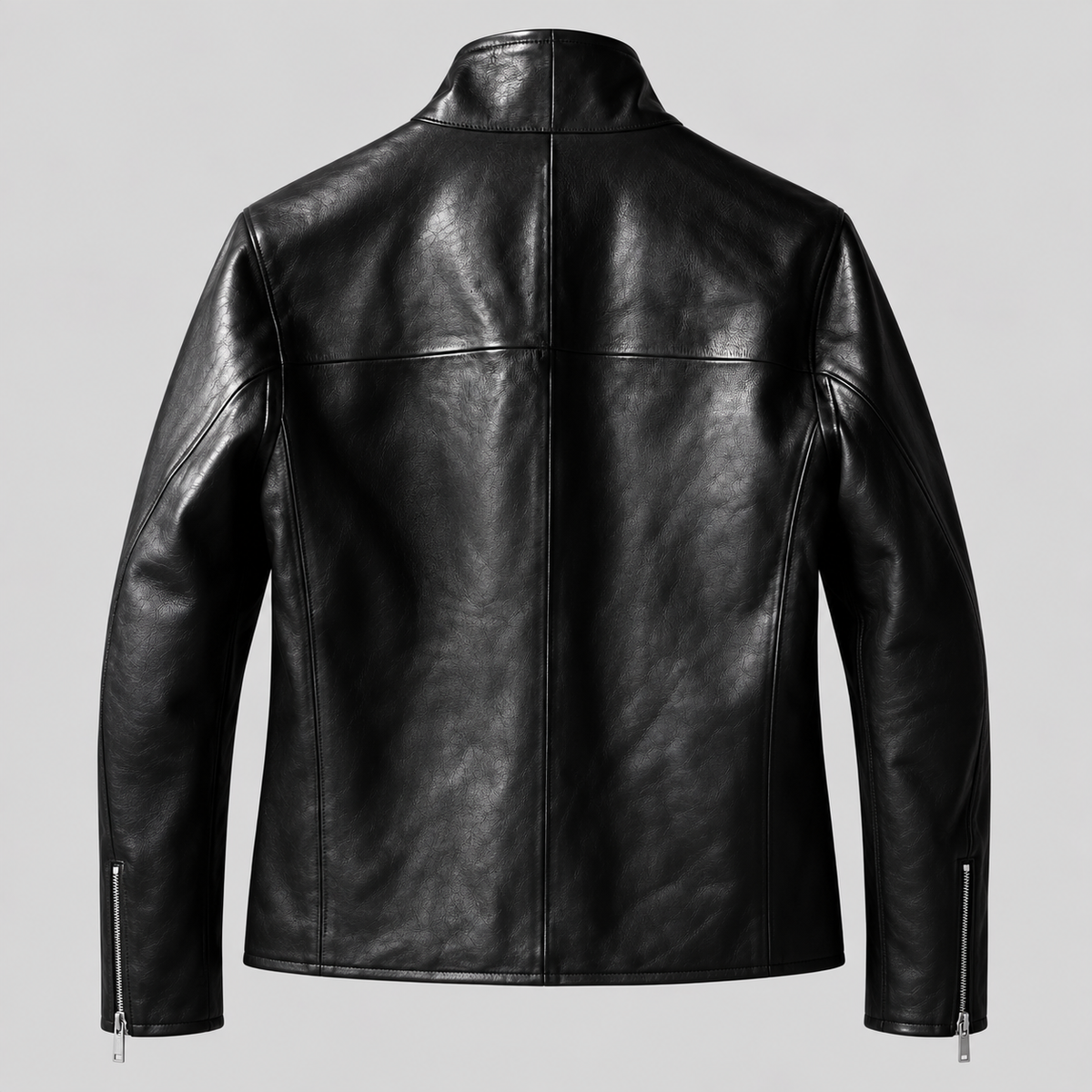 Men’s Black Leather Stand-Collar Jacket – Sleek Zip-Front Style