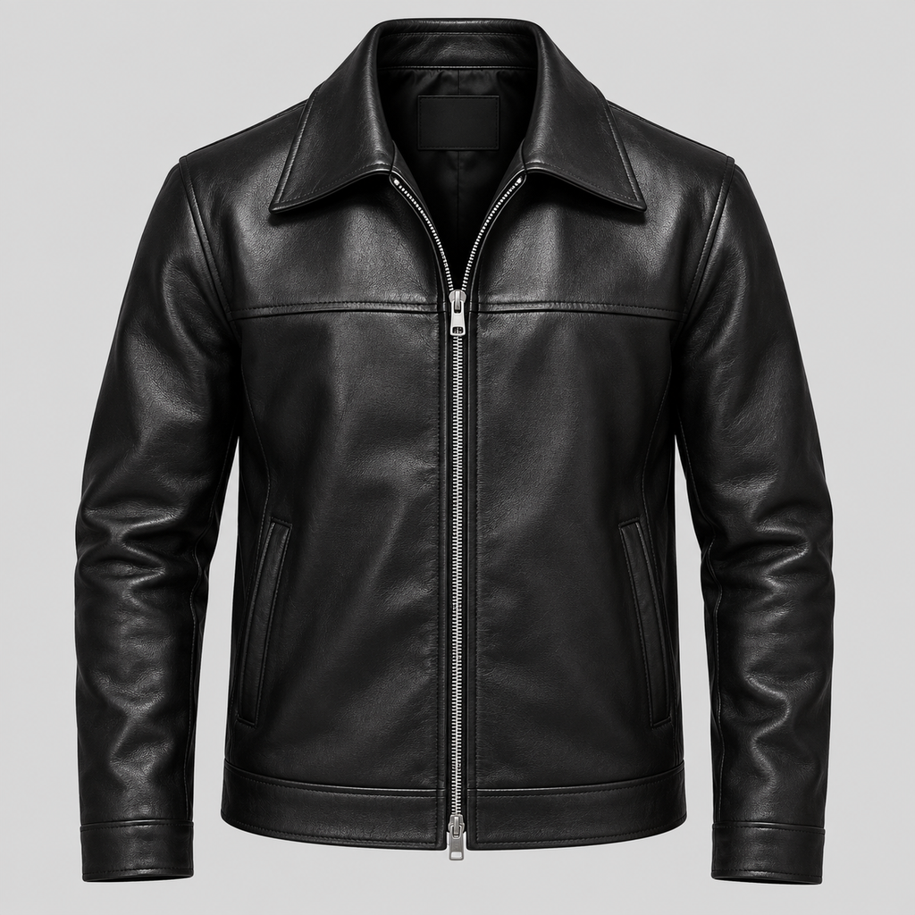 Men's Black Leather Yoke Jacket Sleek Zip-Up Real Leather Coat